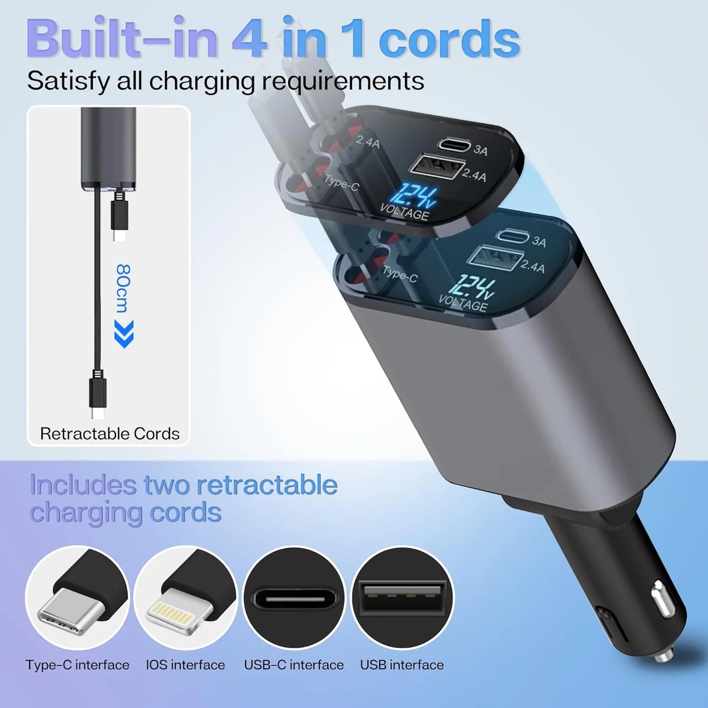 Retractable Car Charger, 120W 4 in 1 Superfast Car Charger