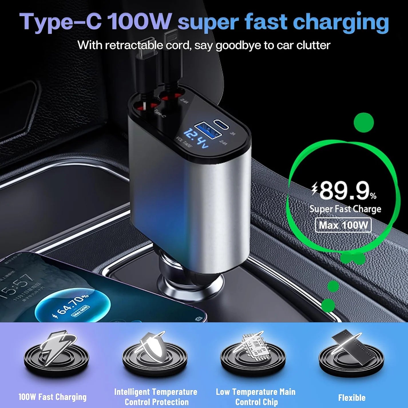 Retractable Car Charger, 120W 4 in 1 Superfast Car Charger