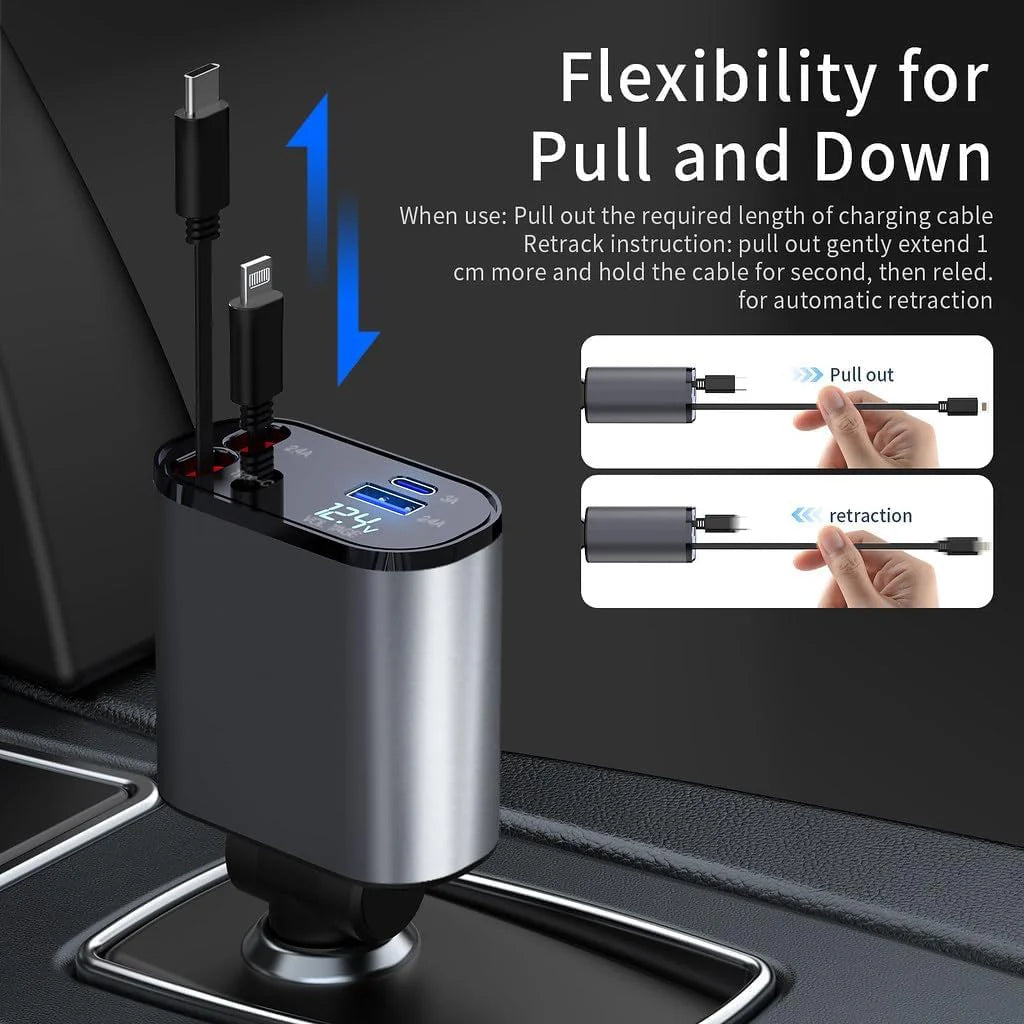 Retractable Car Charger, 120W 4 in 1 Superfast Car Charger