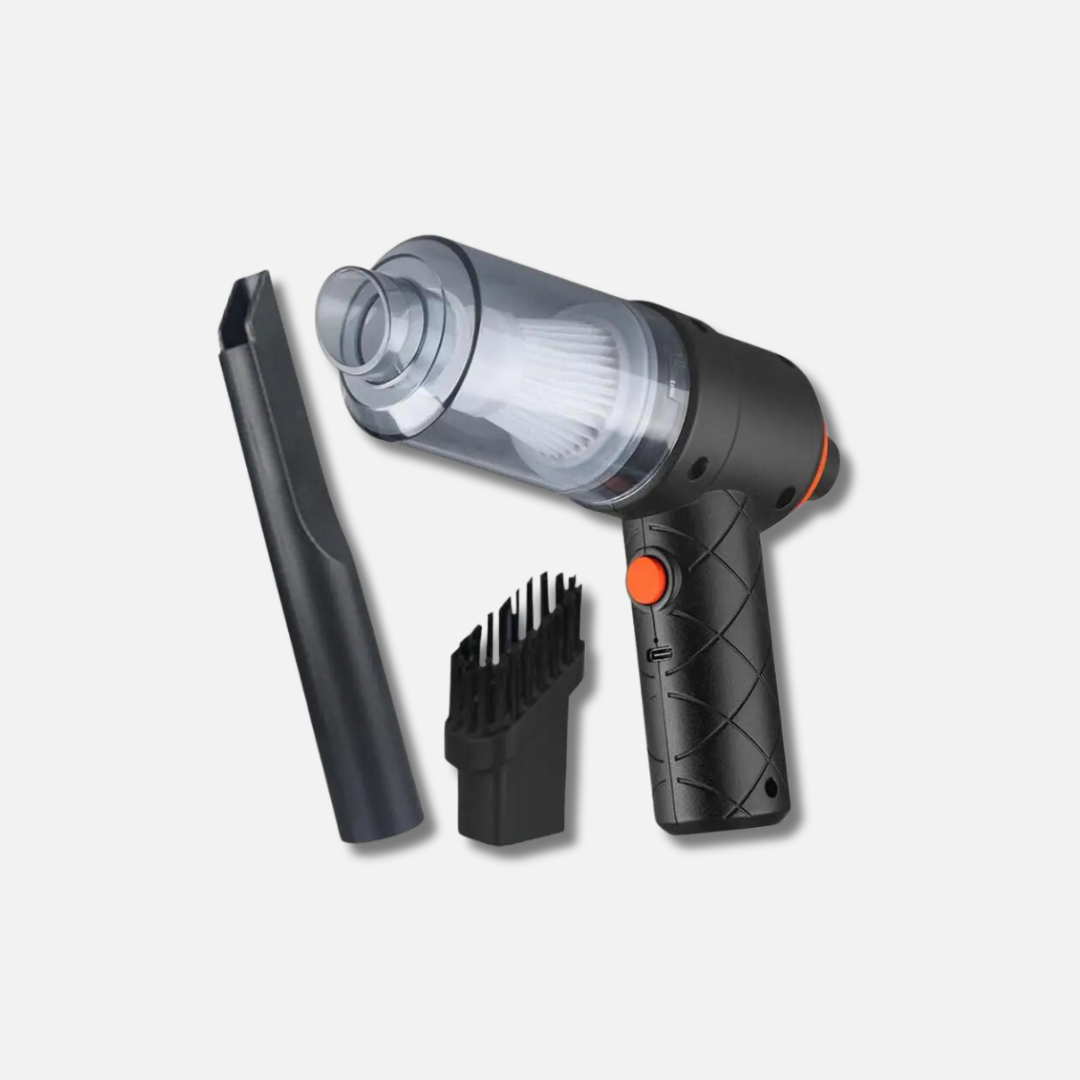 a hair dryer, comb, and other items on a white background