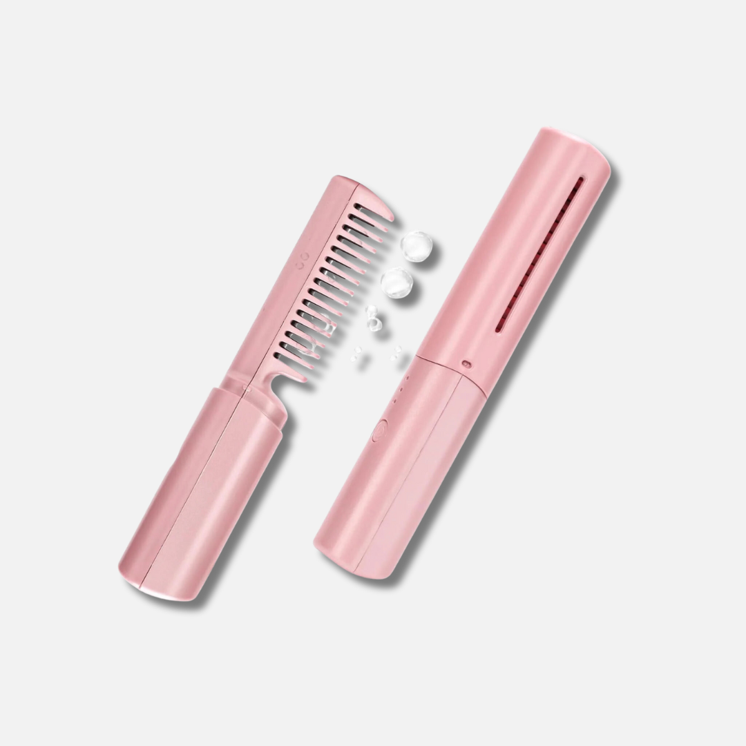 a pink hair brush and comb on a white surface